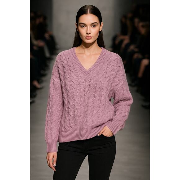 Vince Lilac Alpaca Wool Cable Knit Sweater S/P – Soft Cozy V-Neck Pullover - Picture 1 of 8